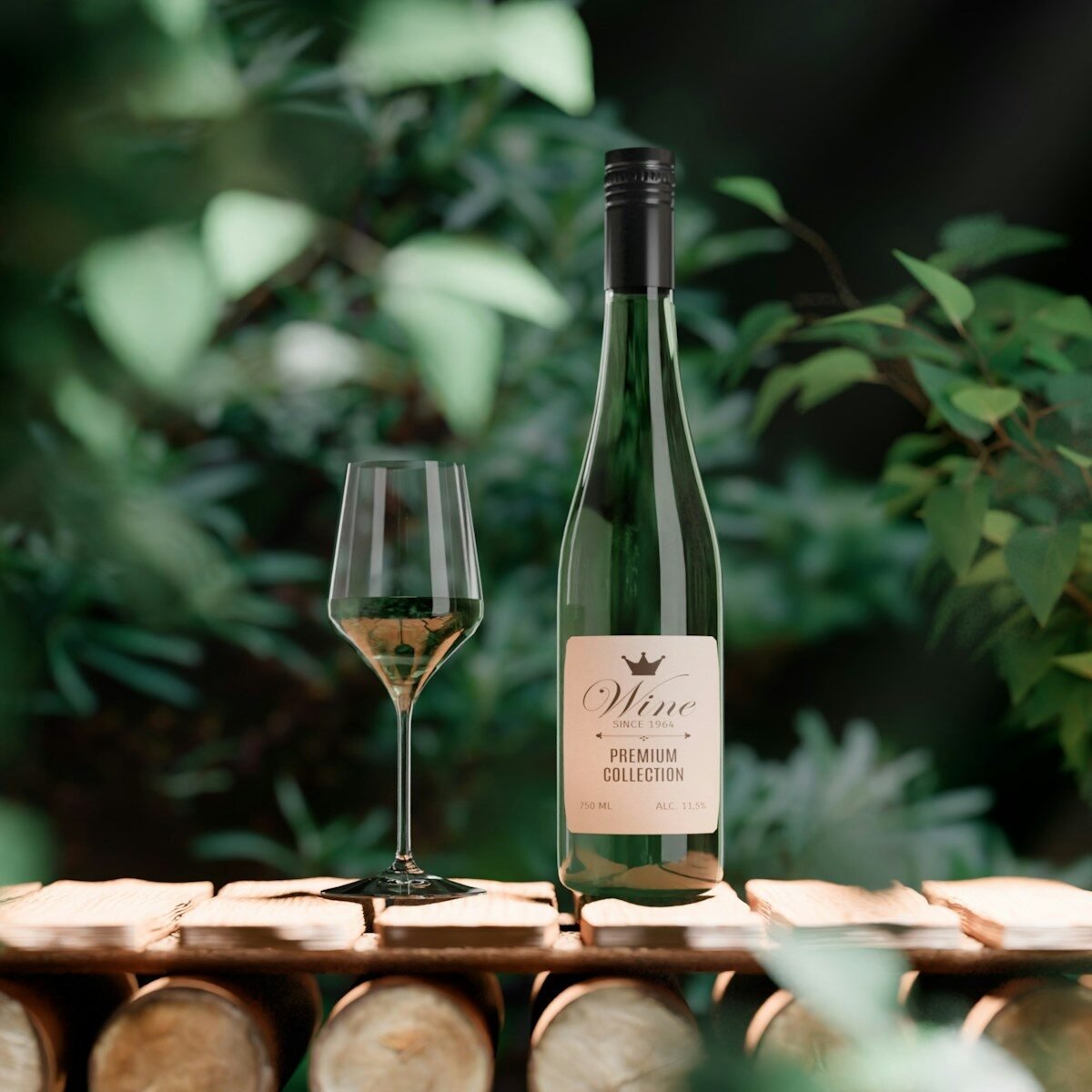 Bottle of white wine and glass on wooden table